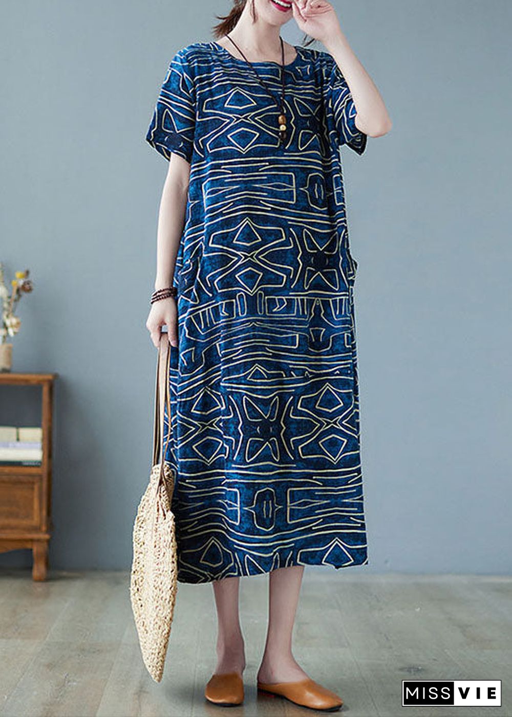 Italian Blue O-Neck Geometric Print Pockets Cotton Maxi Dress Short Sleeve