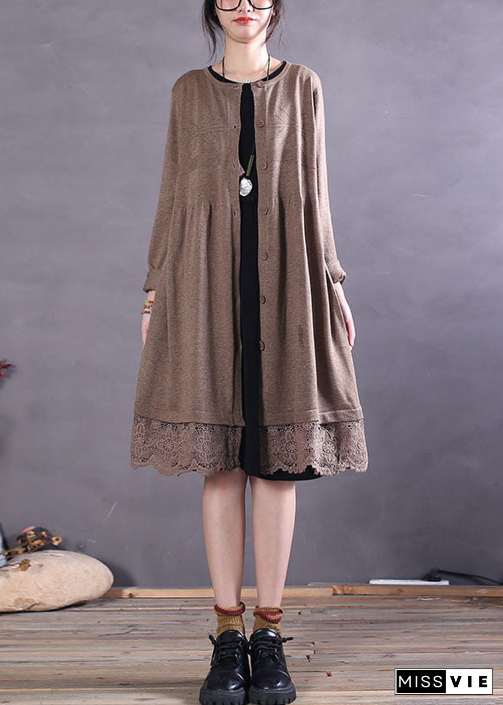 Casual Khaki Button Hollow Out Patchwork Knit Cardigan Spring