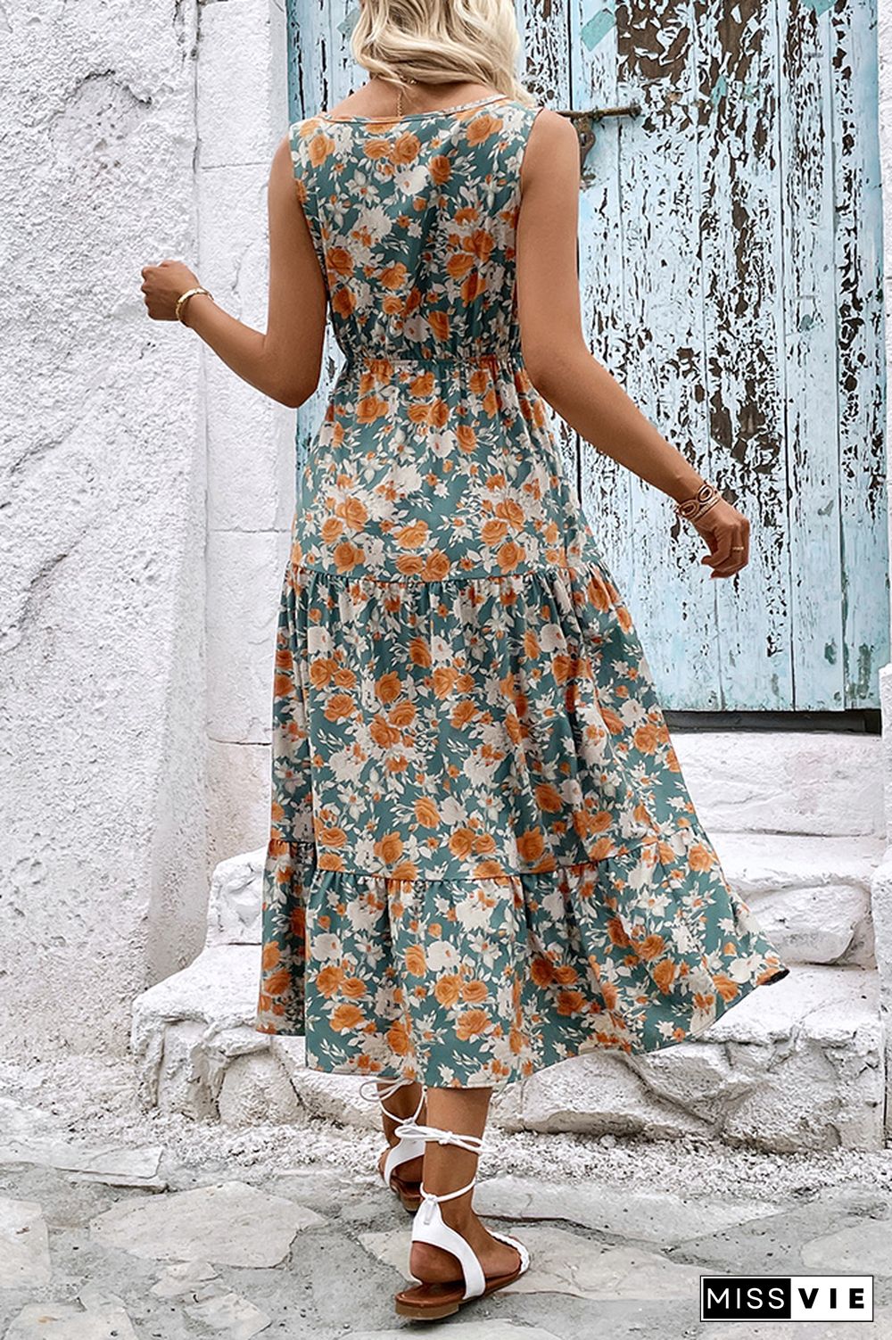 V Neck Buttoned Drawstring Floral Maxi Dress