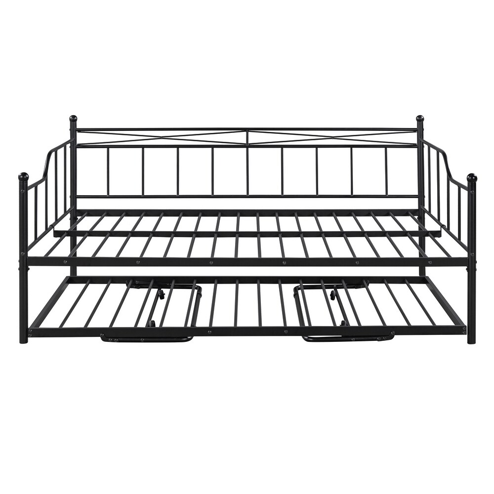 Full Size Metal Daybed with Twin Adjustable Trundle  Portable Folding