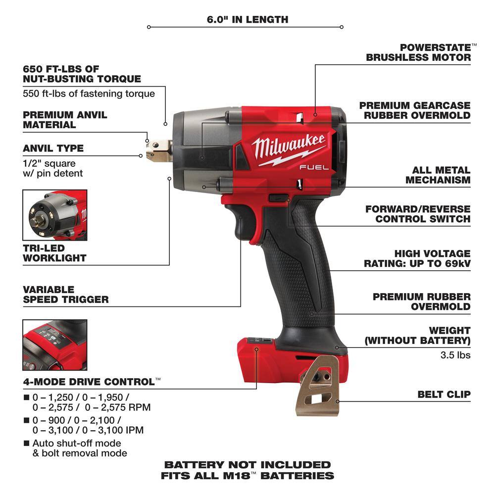 MW M18 FUEL GEN-2 18V Lithium-Ion Brushless Cordless Mid Torque 12 in. Impact Wrench with Pin Detent (Tool-Only) 2962P-20