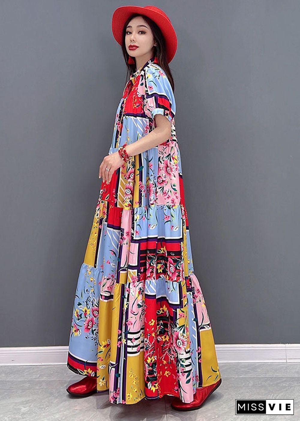 Boutique Red Stand Collar Print Patchwork Loose Long Dresses Short Sleeve