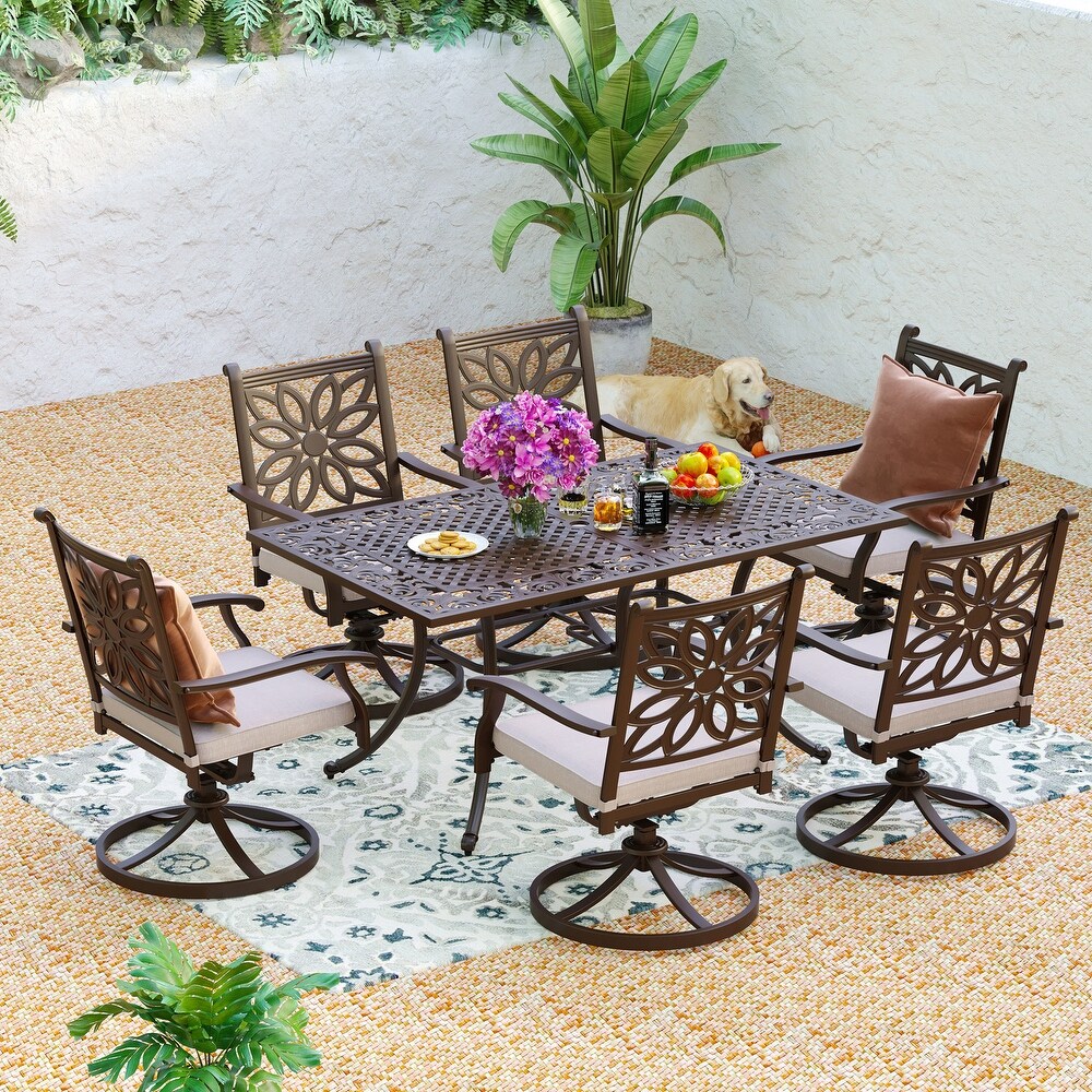 7 Piece Cast Aluminum Patio Dining Set with Rectangle Dining Table   6 Cast Aluminum Patio Chairs