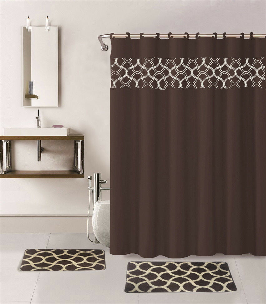 BATHROOM 15PC SET GEOMETRIC PATTERN CORAL DESIGN BROWN/IVORY OFF EMBROIDER INCLUDES : 1 BATH MAT 18