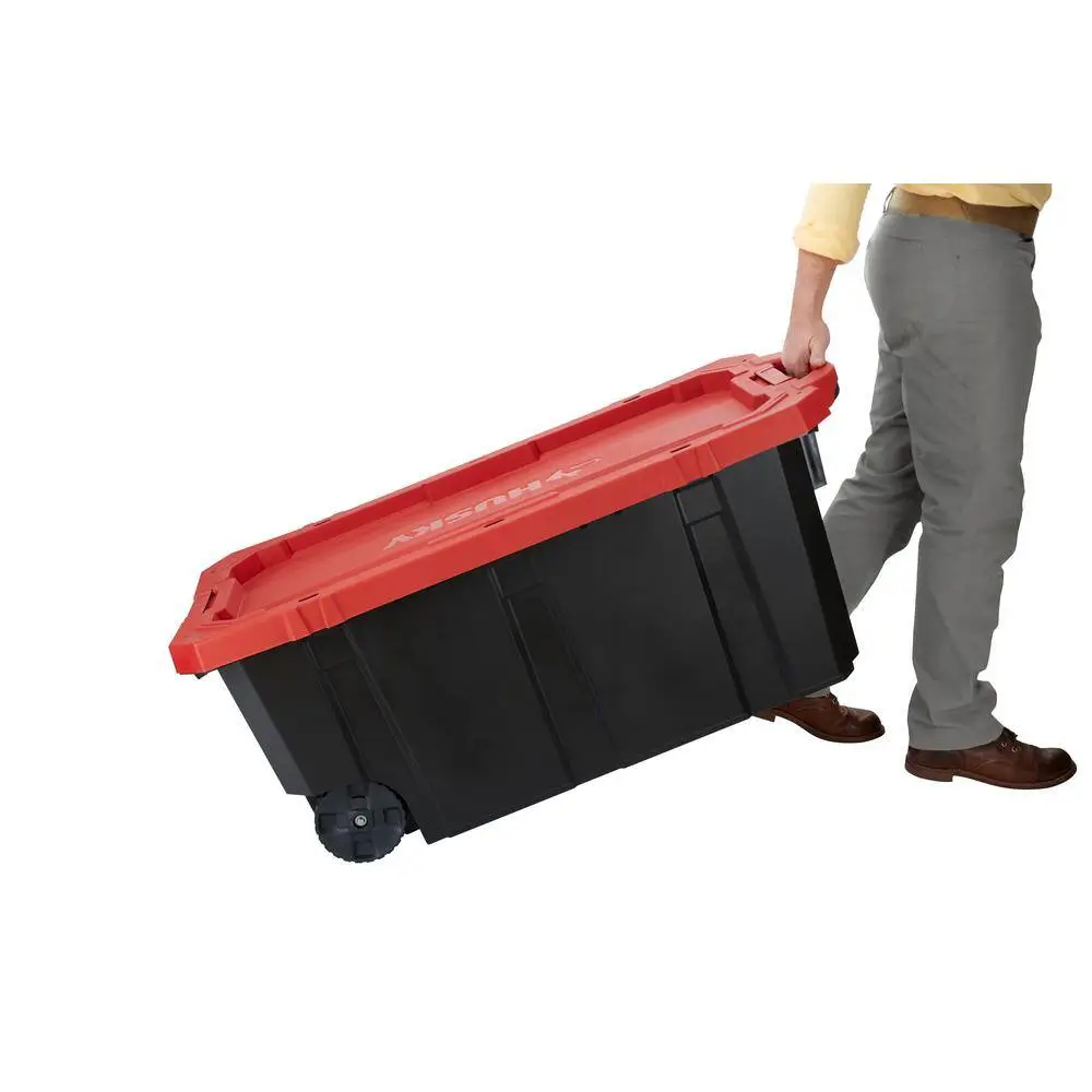 Husky 45 Gal. Latch and Stack Tote with Wheels in Black with Red Lid 206201