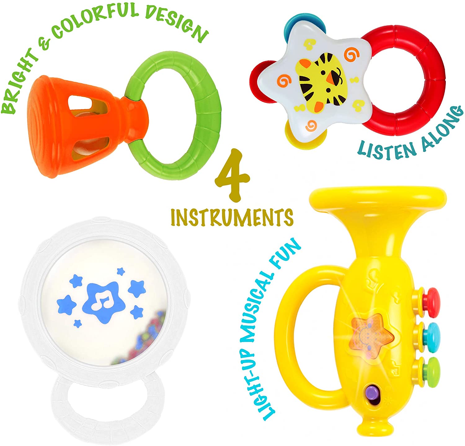 KiddoLab Musical Instruments Set with an Electronic Trumpet and Rattles for Babies. Toddler Learning Toys for Early Development.