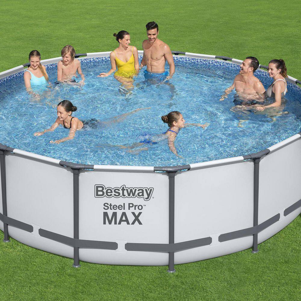 Bestway Pro MAX 16 ft. x 16 ft. Round 48 in. Metal Frame Above Ground Swimming Pool with Pump  Cover 5613AE-BW