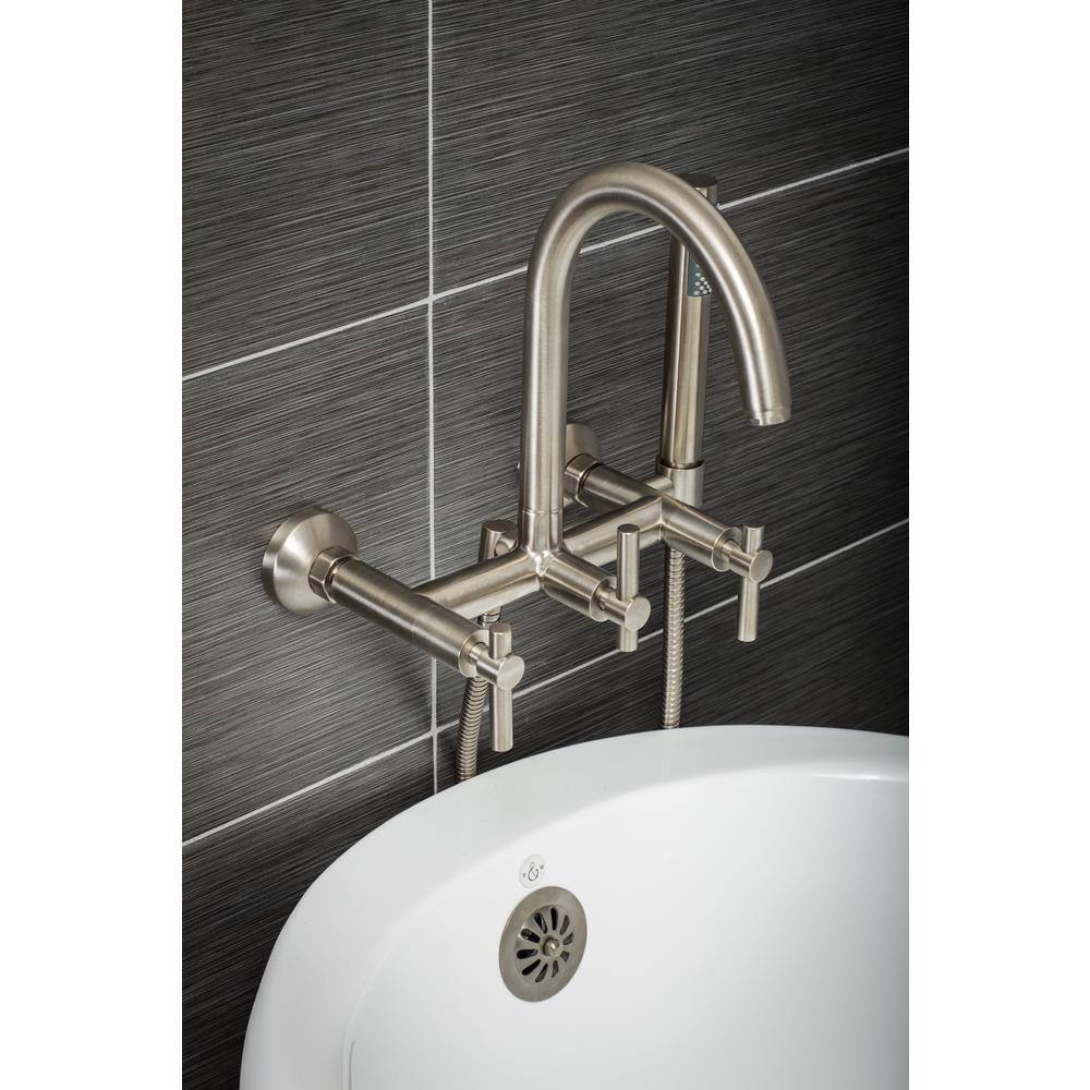 PELHAM  WHITE Modern 3-Handle Wall Mount Tub Faucet with Handshower and Hose Metal Levers in Brushed Nickel PW82410-L-BN