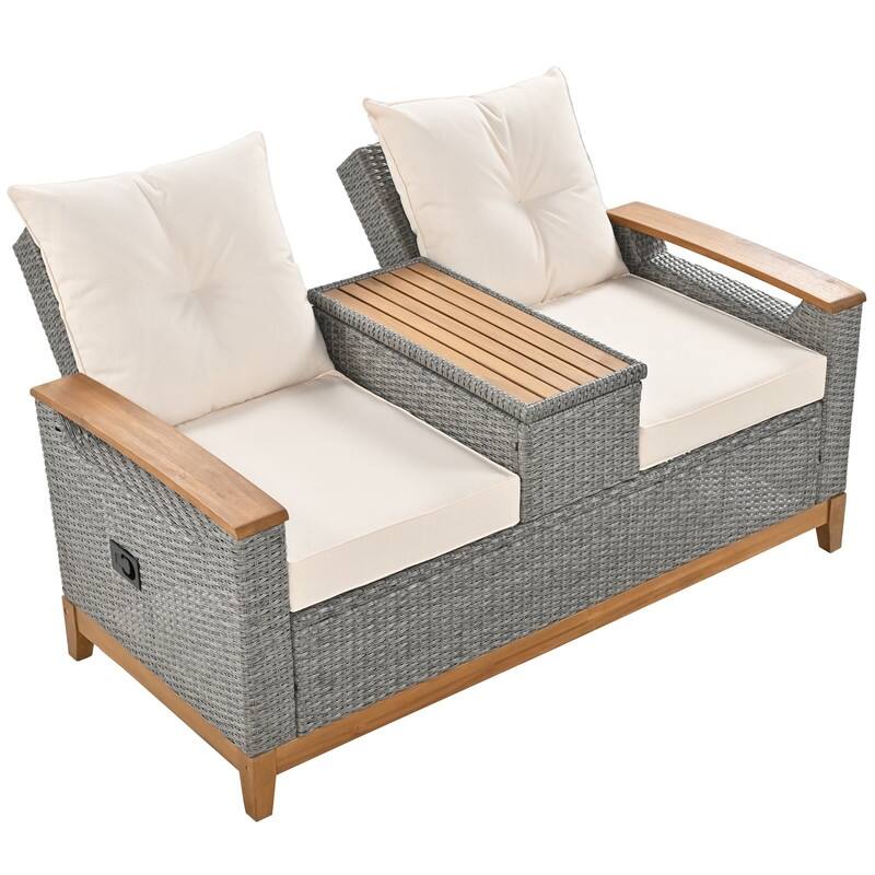 Outdoor Patio Sofa Adjustable Loveseat with Storage Armrest