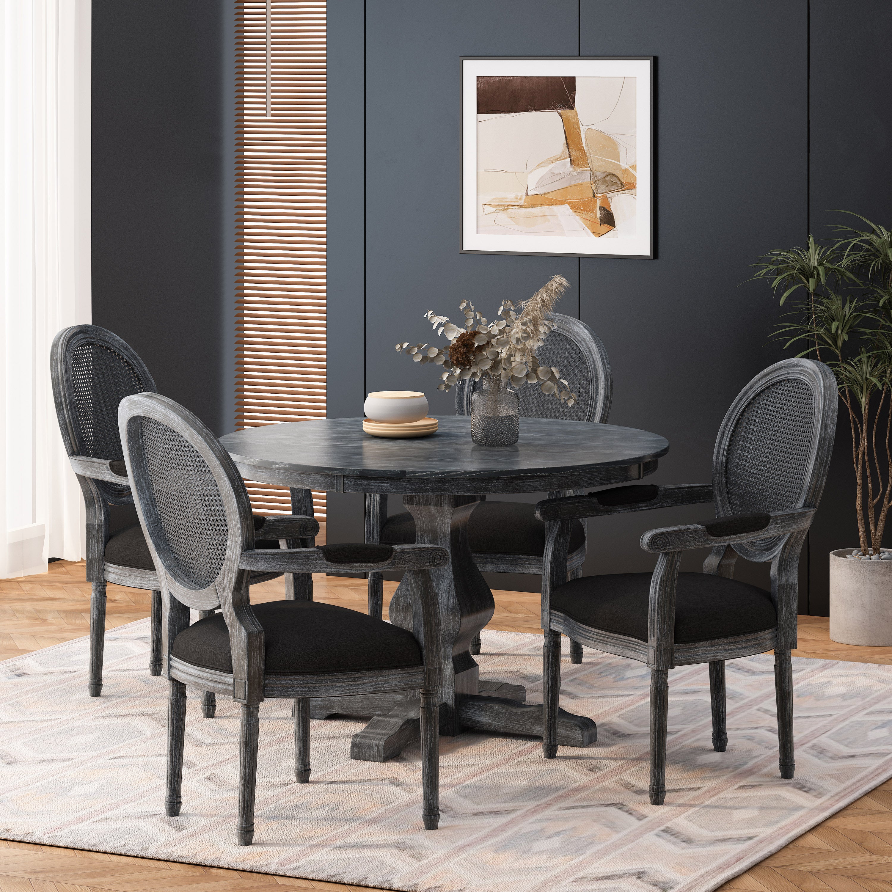 Bryan French Country Fabric Upholstered Wood and Cane 5 Piece Circular Dining Set