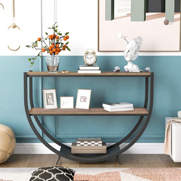 Demilune Shape Textured Metal Distressed Wood Console Table