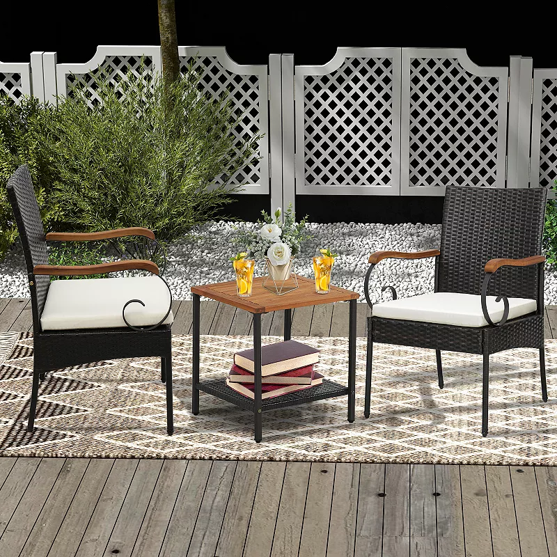 Set Of Outdoor Pe Wicker Chair With Acacia Wood Armrests Set Of 2