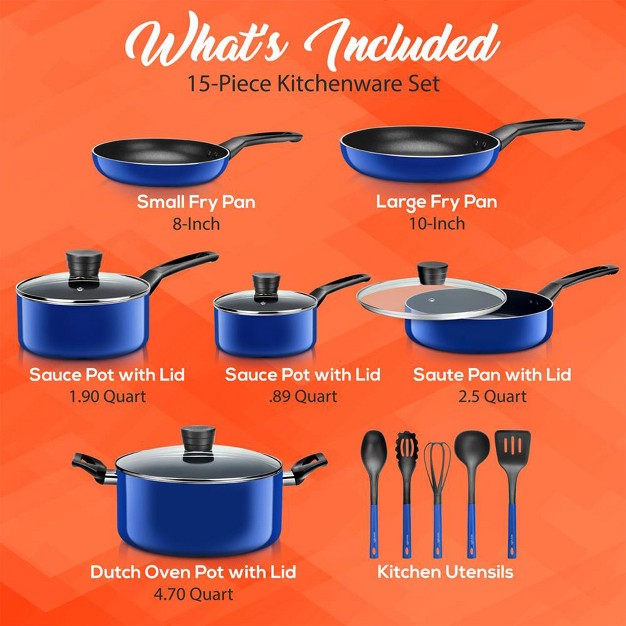 Serenelife 15 Piece Essential Home Heat Resistant Non Stick Kitchenware Cookware Set W Fry Pans Sauce Pots Dutch Oven Pot And Kitchen Tools Blue