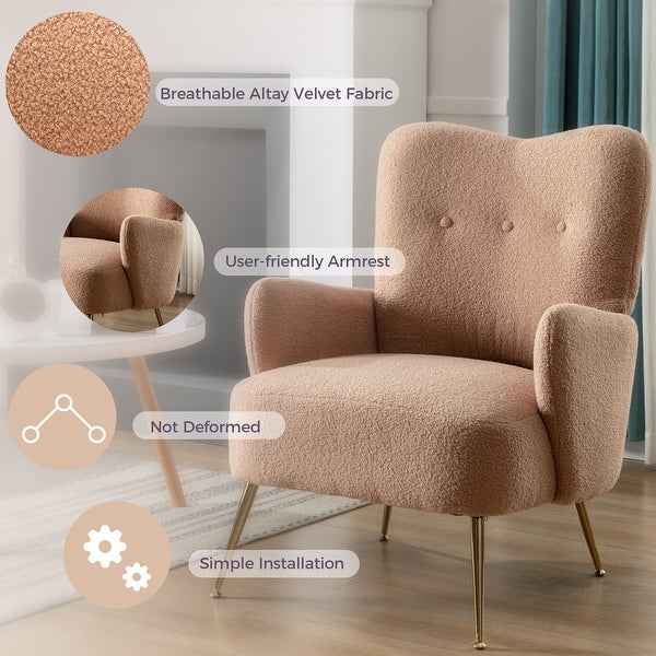 Contemporary Teddy Velvet Arm Chair， Comfortable Accent Chair with Golden Metal Legs and High Back for Living Room Bedroom