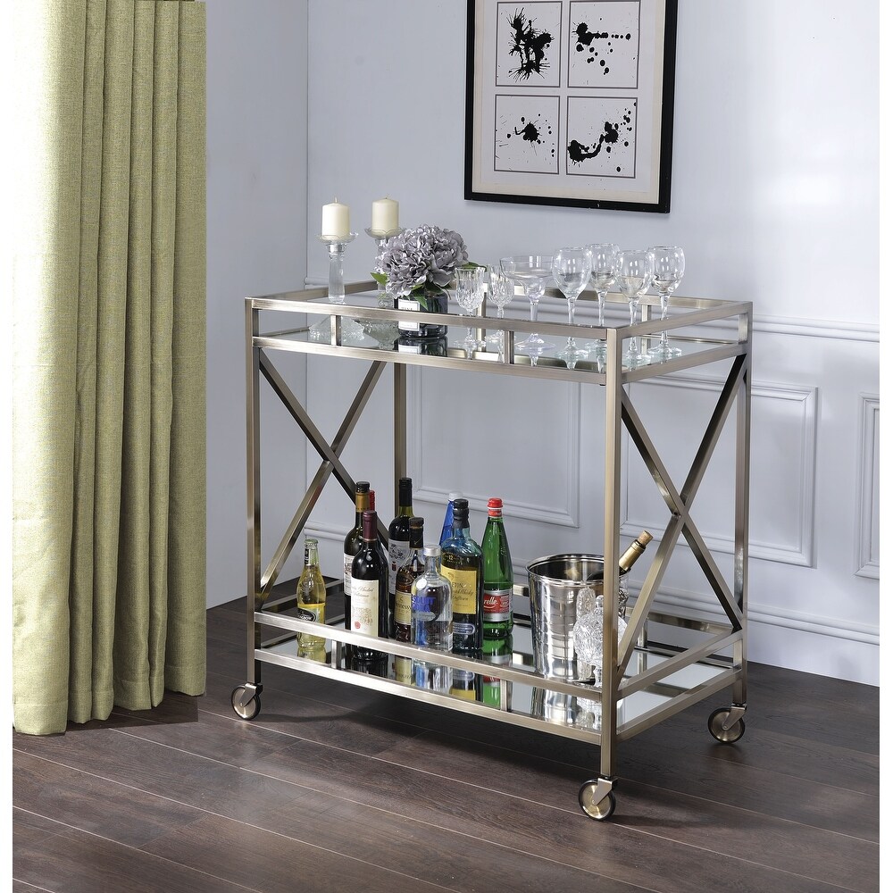 Metal Framed Two Tier Serving Cart with X Shaped Side Panels  Silver and Clear   35.04 H x 19.68 W x 34.25 L Inches