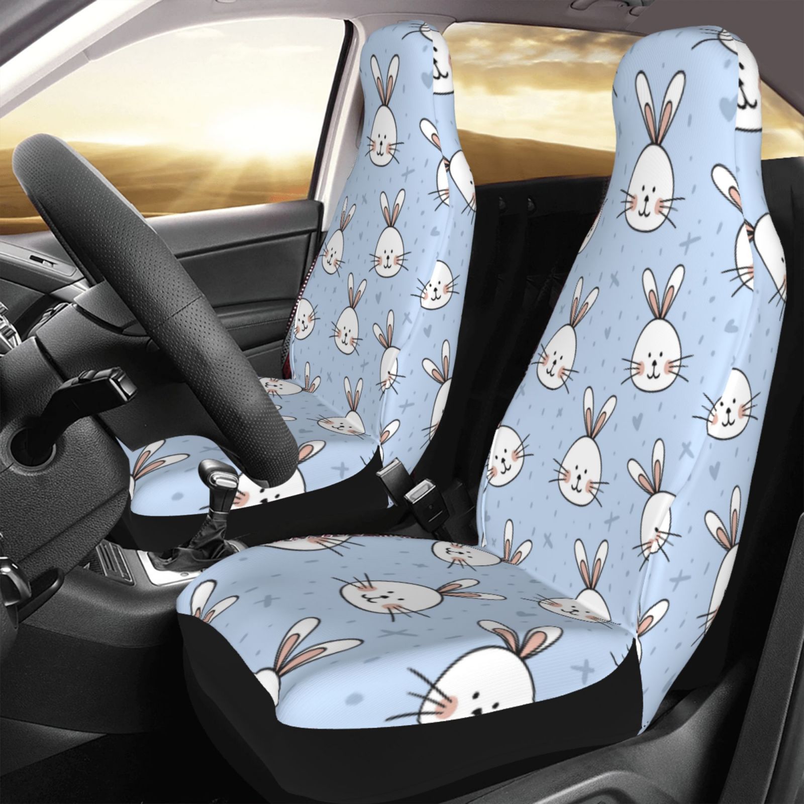 TEQUAN Front Seat Covers， Cute Rabbits Animal Pattern 2 Piece Car Seat Cover Fit Most Car SUV Truck Van