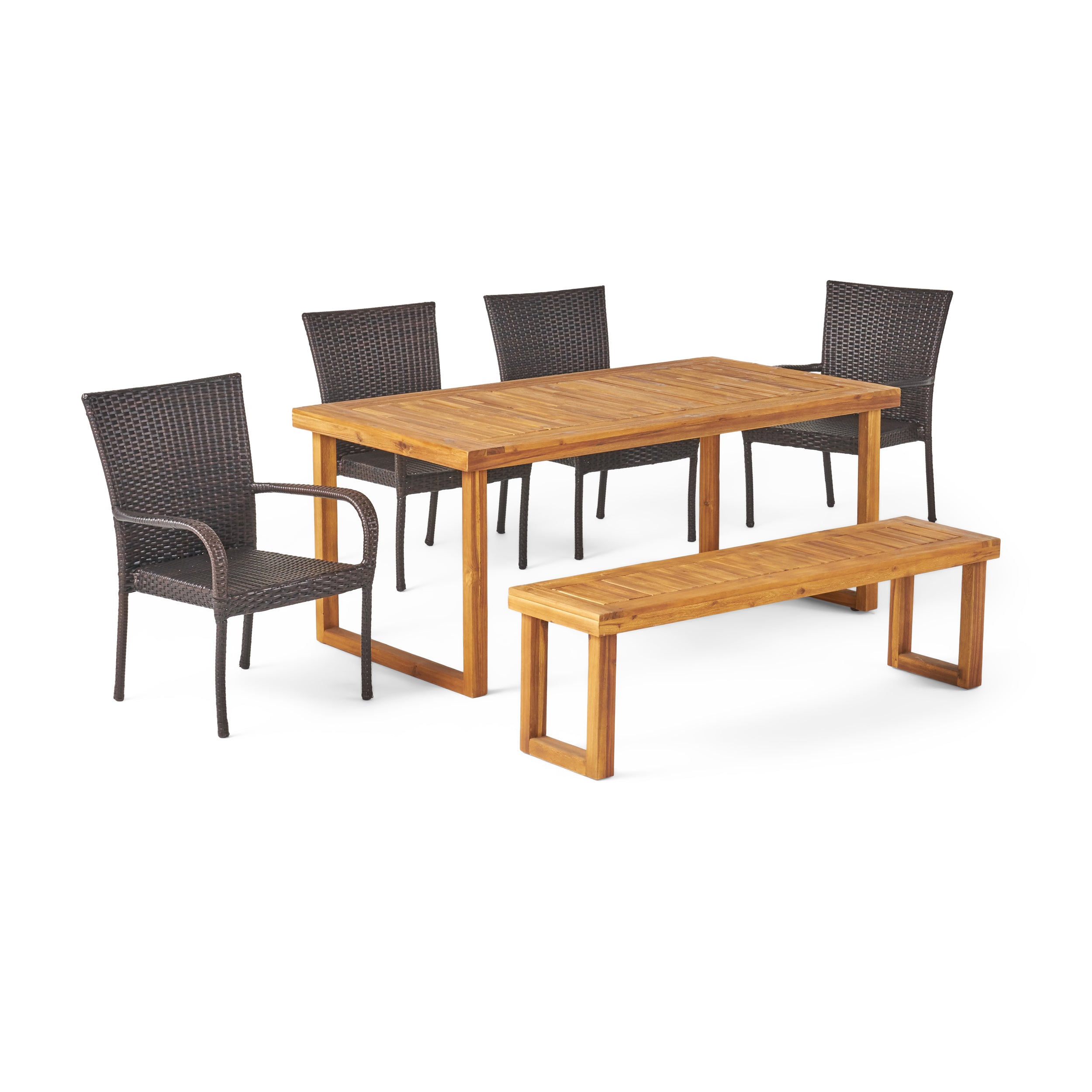 Eric Outdoor 6-Seater Wood and Wicker Chair and Bench Dining Set