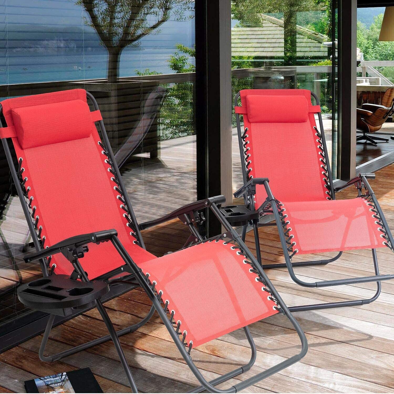 Devoko 2 PCS Zero Gravity Chair Outdoor Lounge Patio Chair Camp Reclining Lounge Chairs, Red