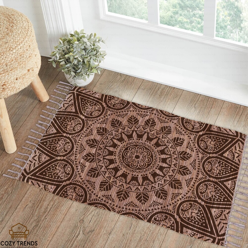 Cotton Woven Boho Rug 2'x3' Small Rug with Tassel  Versatile Washable Throw Rug for Bedroom Bathroom Hallway  Laundry  Entryway