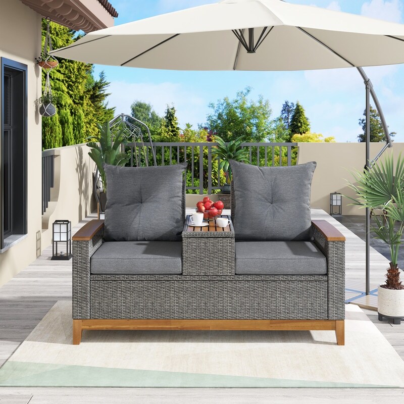 Outdoor Patio Sofa Adjustable Loveseat with Storage Armrest