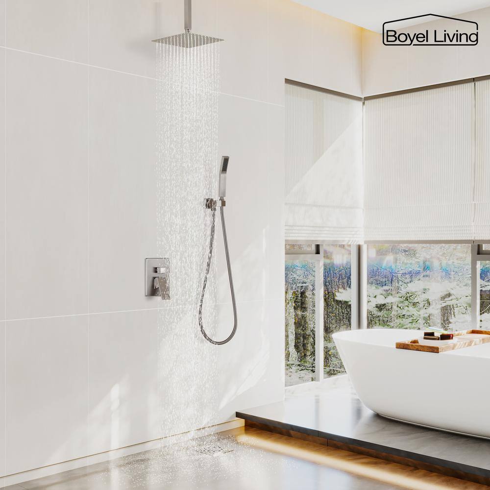 Boyel Living 1-Spray Patterns with 2.5 GPM 10 in. Ceiling Mount Dual Shower Heads with Pressure Balance Valve in Brushed Nickel MS-A3806-10BN