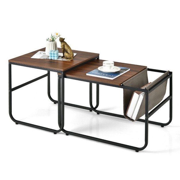 Costway Nesting Coffee Table Set Of 2 Industrial Stackable Side Table W Magazine Holder