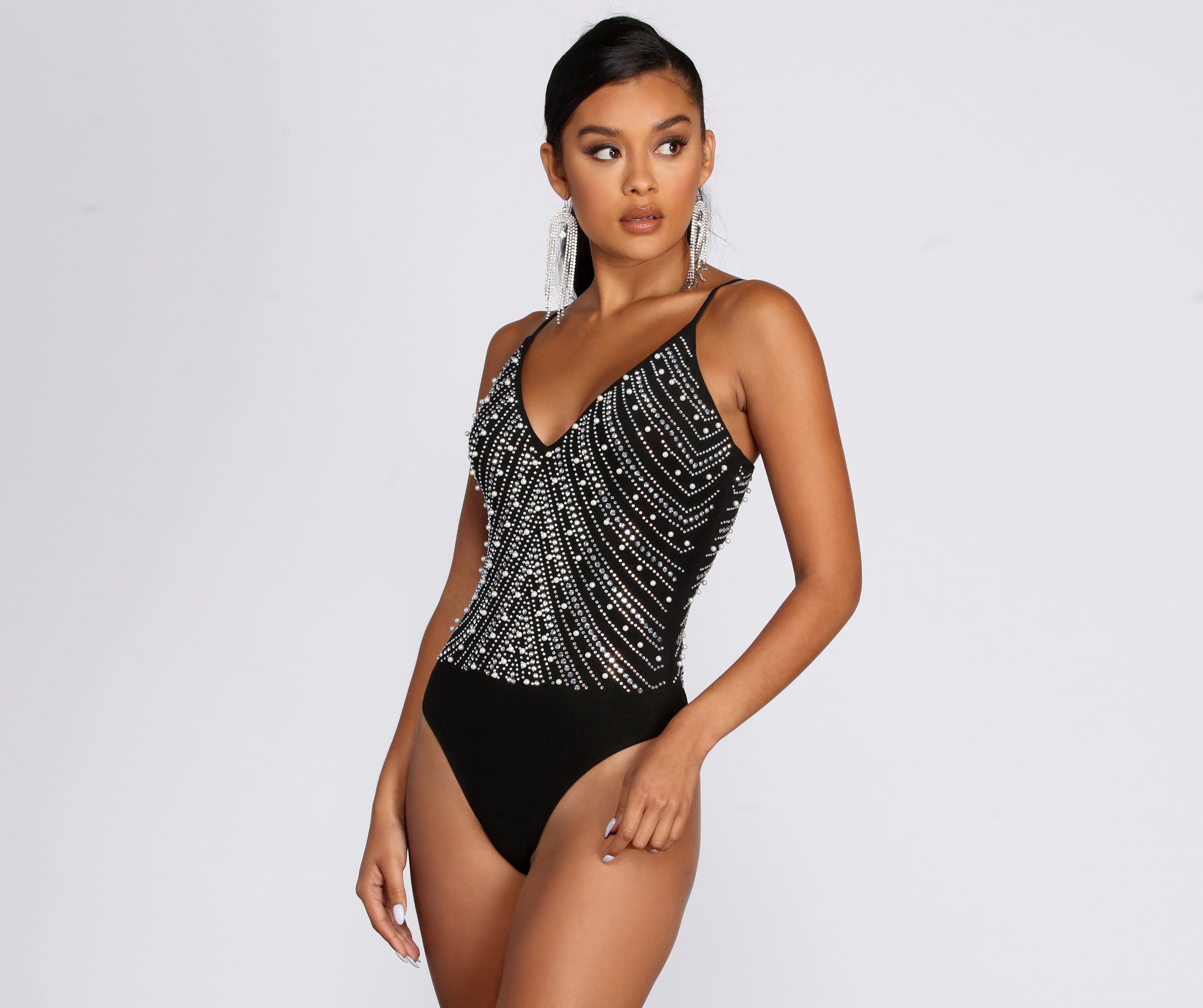 Beaded Rhinestone Pearl Bodysuit