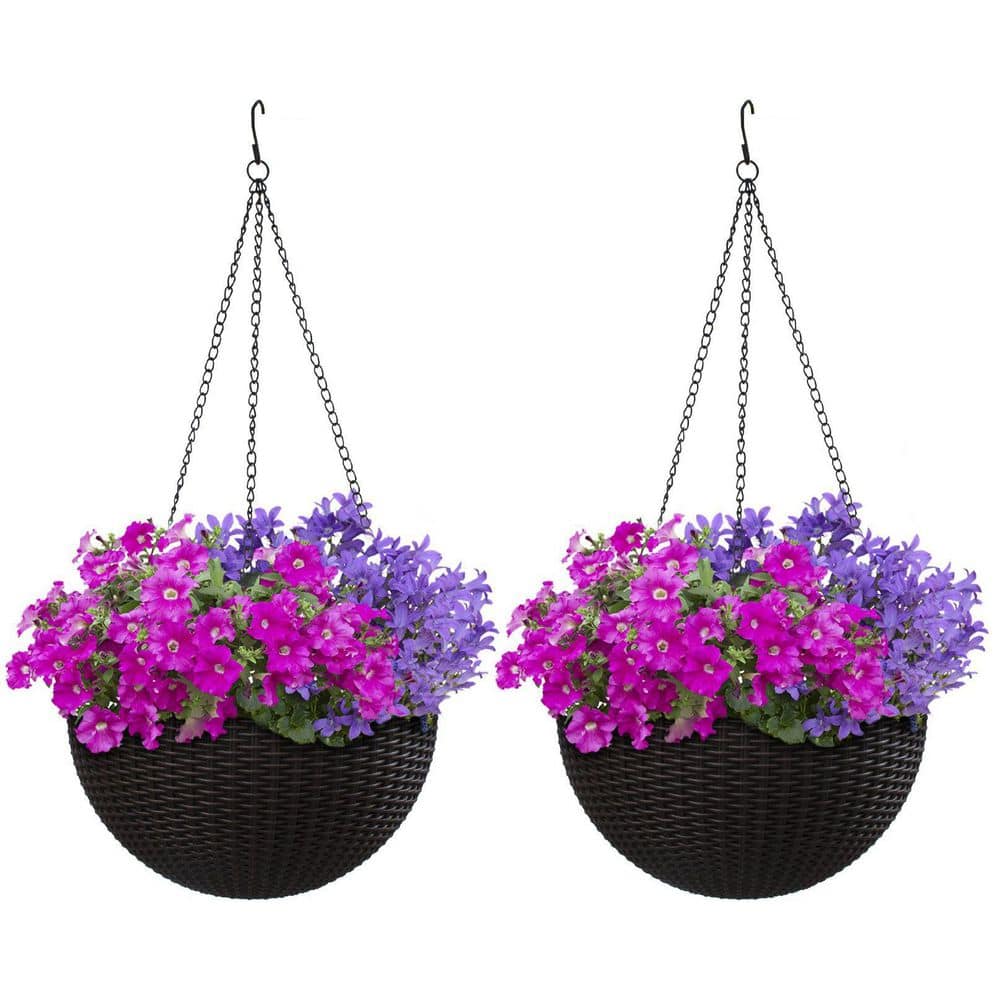 Sorbus Large Hanging Planter Round Self-Watering Basket Resin Woven Wicker Style (2-Pack) GRDN-SWP14-2PK