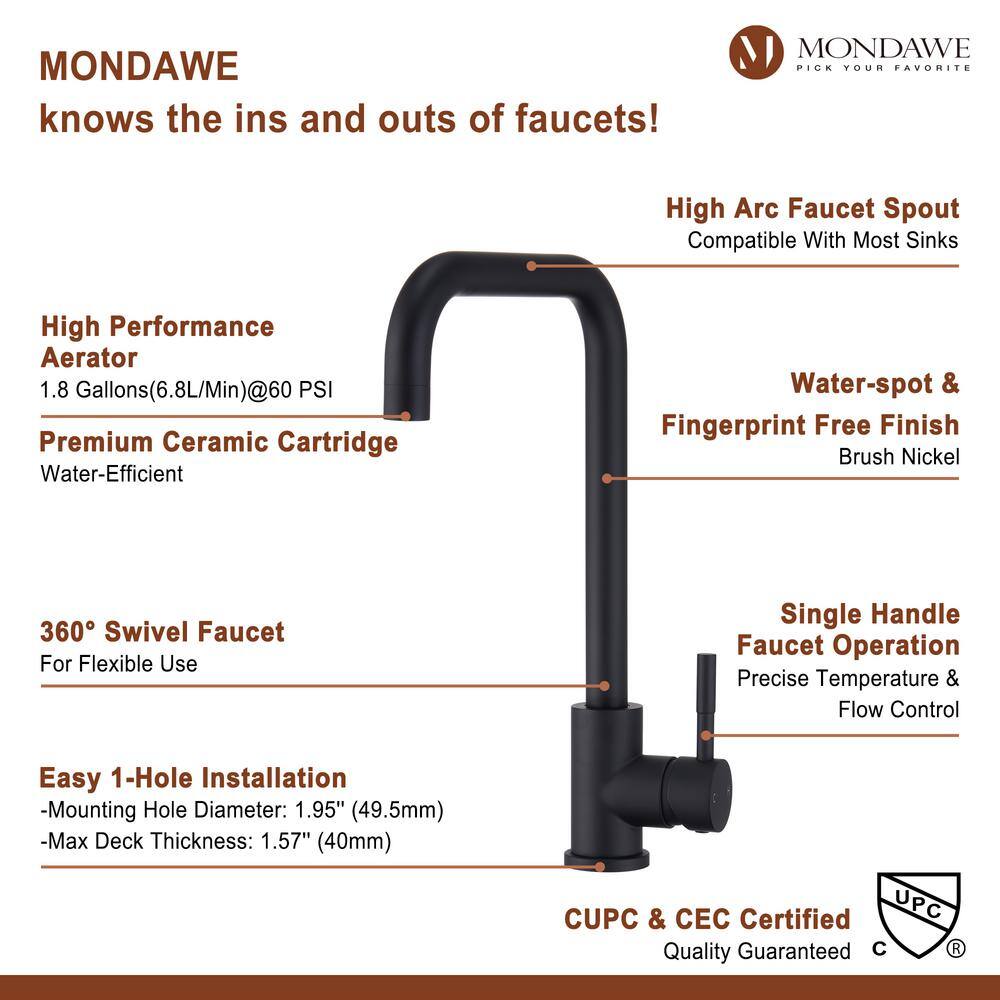 Mondawe High Arc Single Handle Deck Mount Standard Kitchen Faucet in Matte Black Stainless Steel AM-K128W-MB