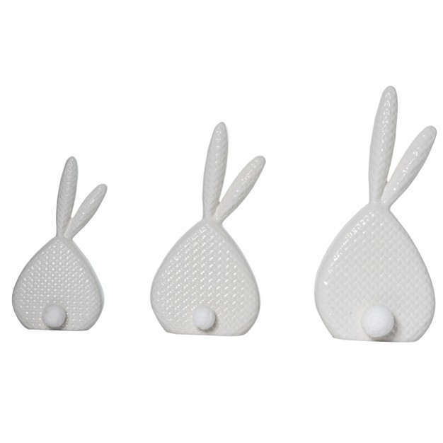 Transpac Dolomite 12 25 In White Easter Woven Texture Pom pom Bunny Set Of 3