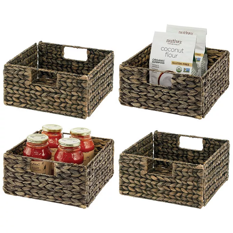 mDesign 10.5 x 10.5 x 5.25 Hyacinth Kitchen Storage Basket with Handles， 4 Pack