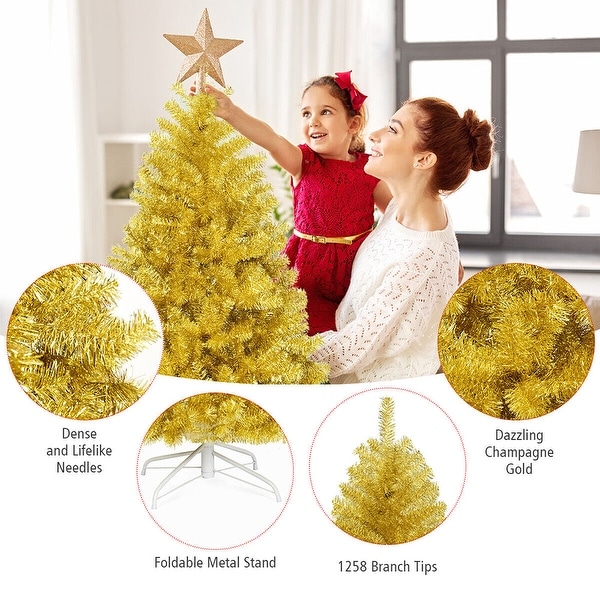 7.5ft Artificial Tinsel Christmas Tree W/1258 Tips Foldable Stand Gold