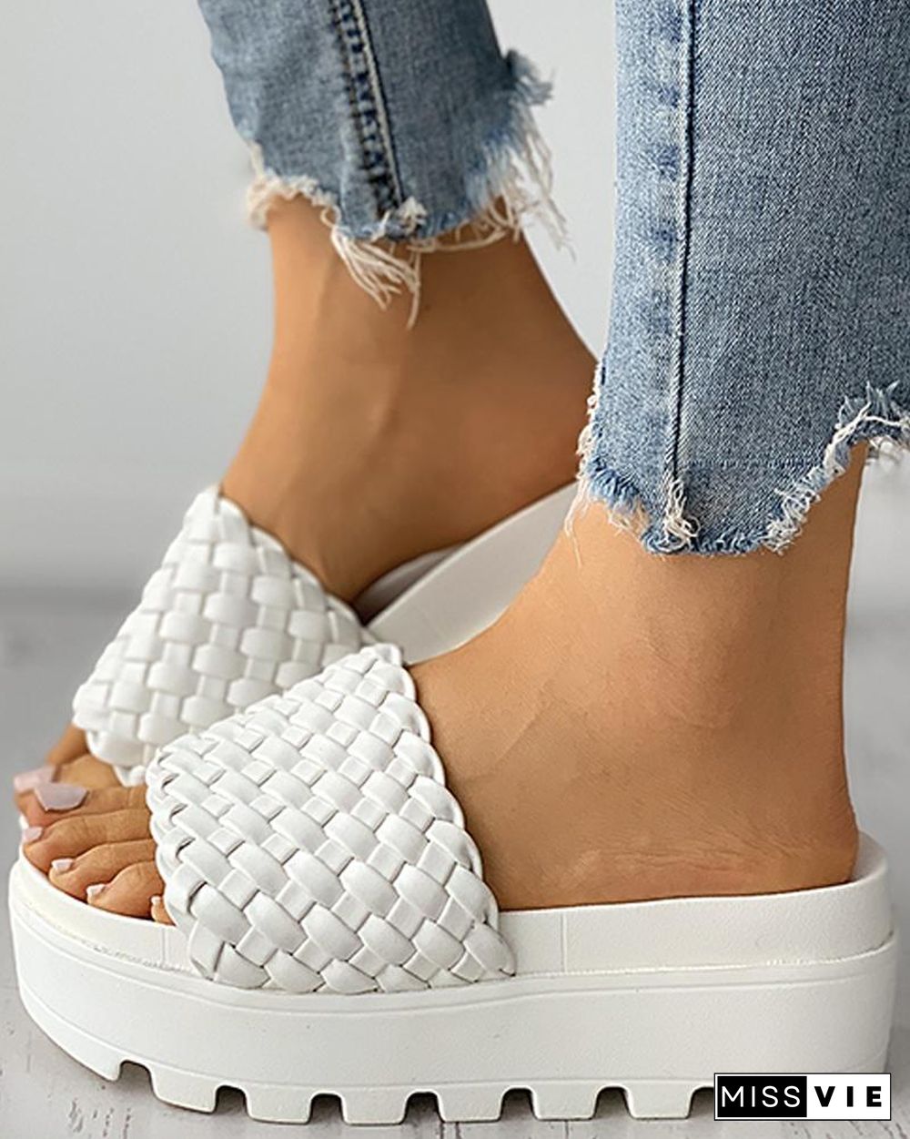 Braided Open Toe Platform Slippers