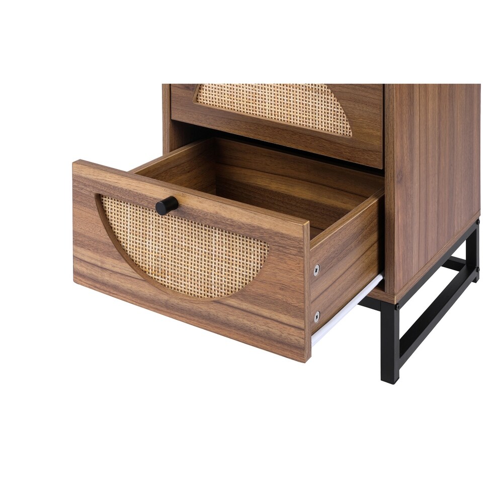 Rattan Nightstand Set of 2 with 2 Natural Rattan Drawer and Metal Legs