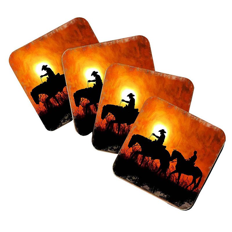 Cowboy Sunset Ride Wooden Cork Coasters Gift Set of 4 by Nature Wonders