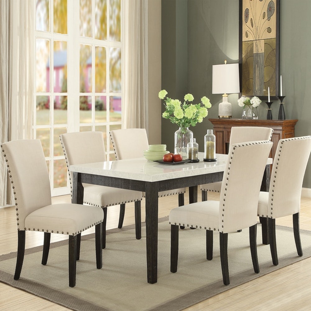 CUSchoice Linen Side Chair Set (2 Chairs) in Dark Oak   White Marble Dining Table in Dark Oak