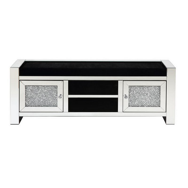 Mirrored Bench with Faux Diamonds and 2 Door Cabinets， Silver