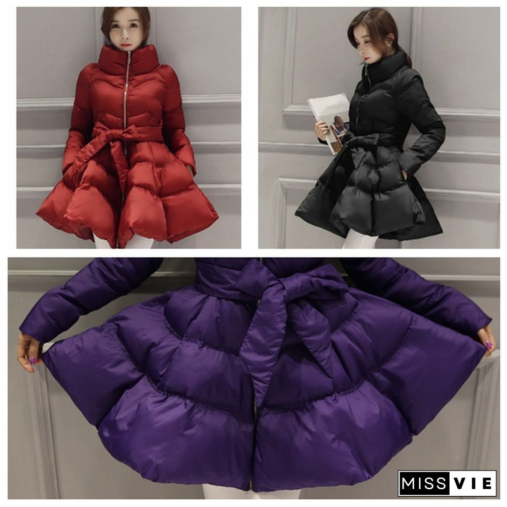 Women Puffer Coat Jacket Swing Zip Bowtie Mid Length Quilted Padded Winter Outerwear Casual