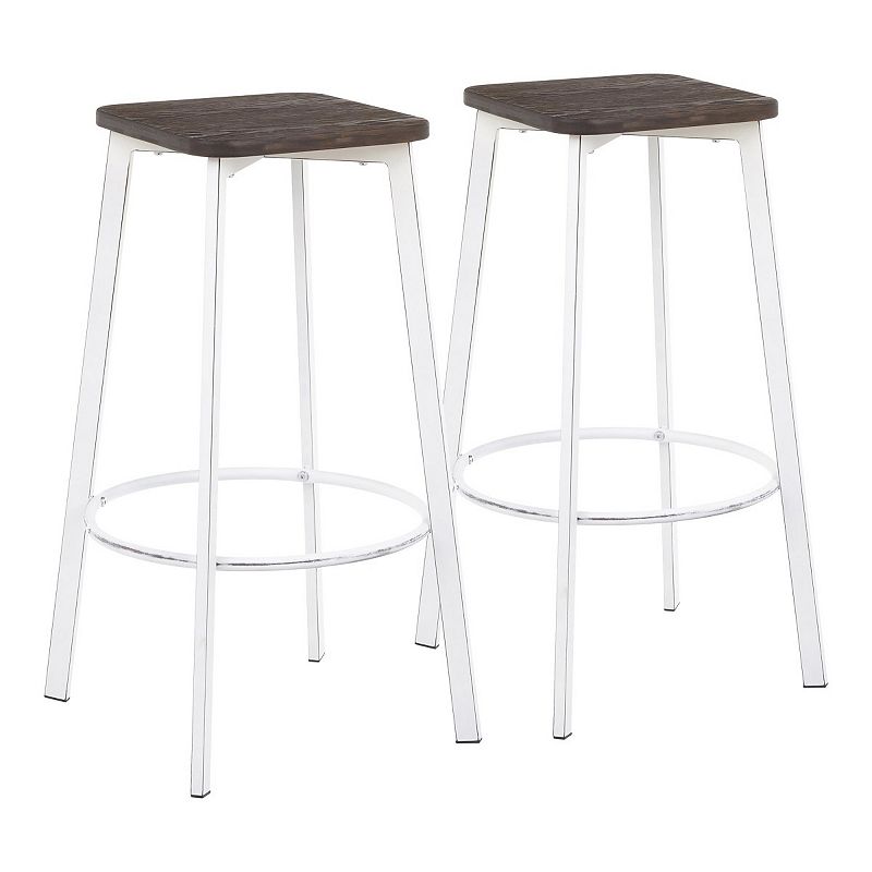 Set of 2 White and Brown Wood with Metal Clara Square Barstools 29.75