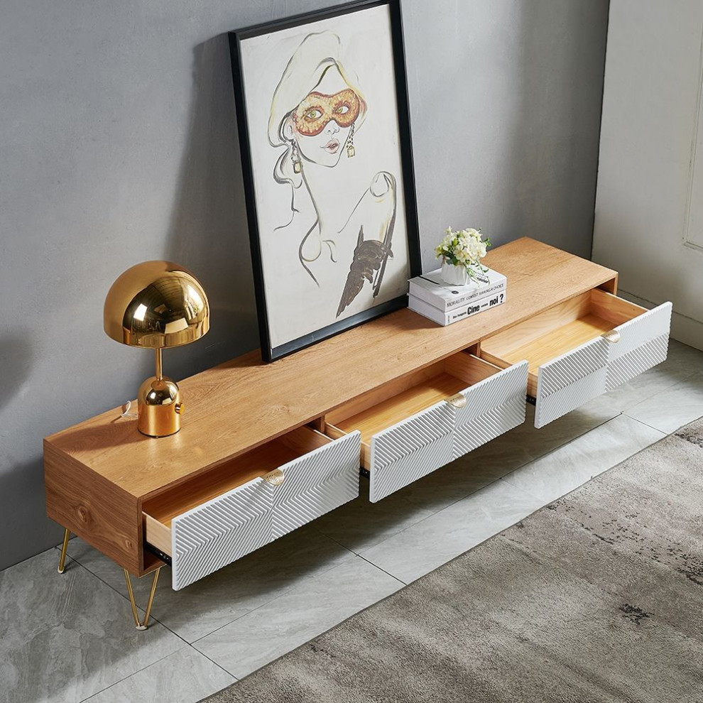 Modern Nordic Wooden TV Stand Fluted Design White  ampGold with 3 Drawer   Midcentury   Entertainment Centers And Tv Stands   by Homary International Limited  Houzz