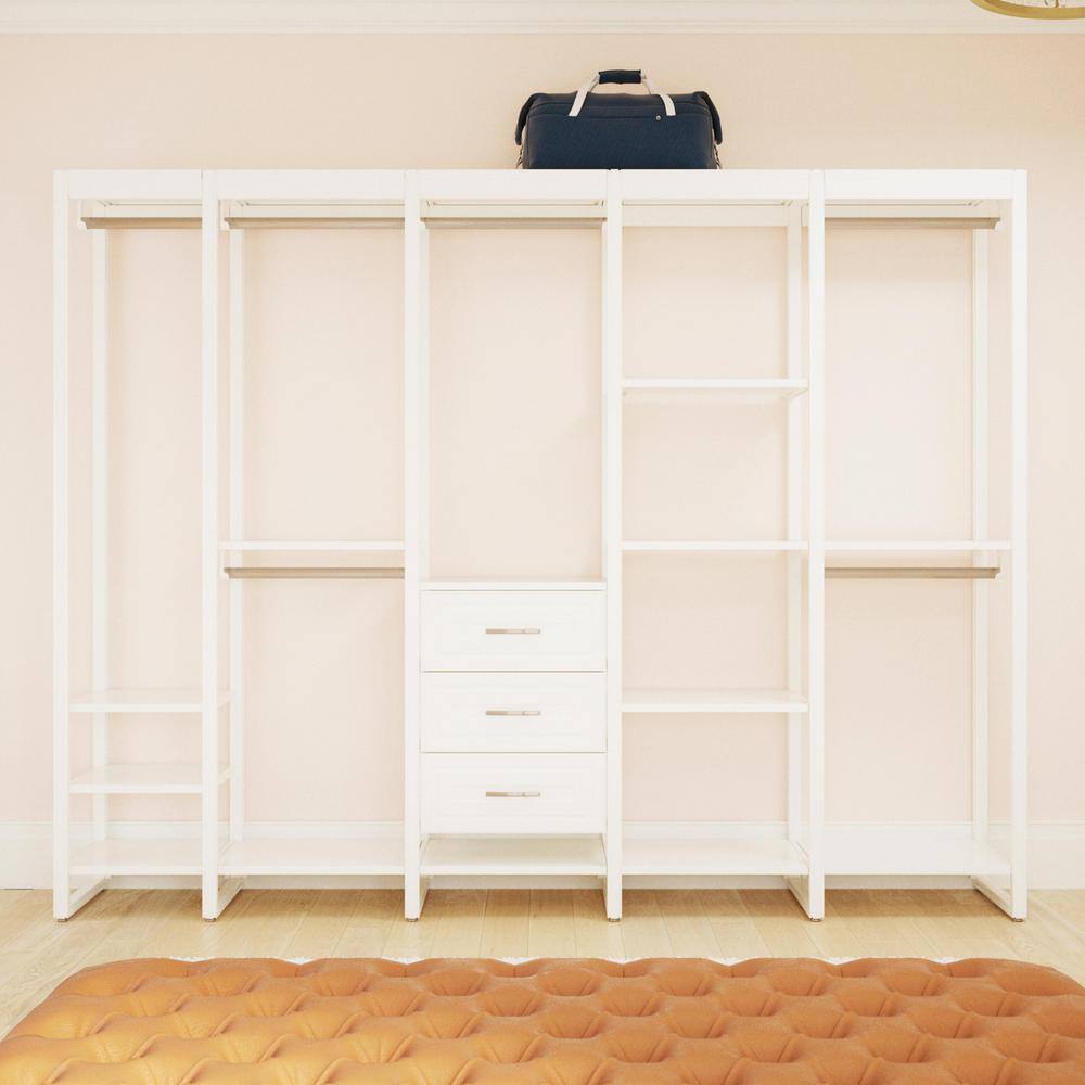 CLOSETS By LIBERTY 108 in. W White Adjustable Wood Closet System with 13-Shelves 6-Rods and 3-Drawers HS47567-RW-09