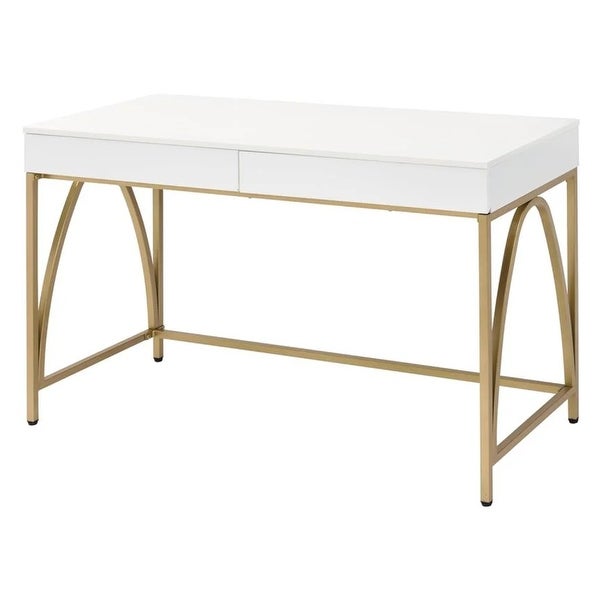 50 Inch Desk Console Table， 2 Drawers， Metal Inverted U Frame， White， Gold