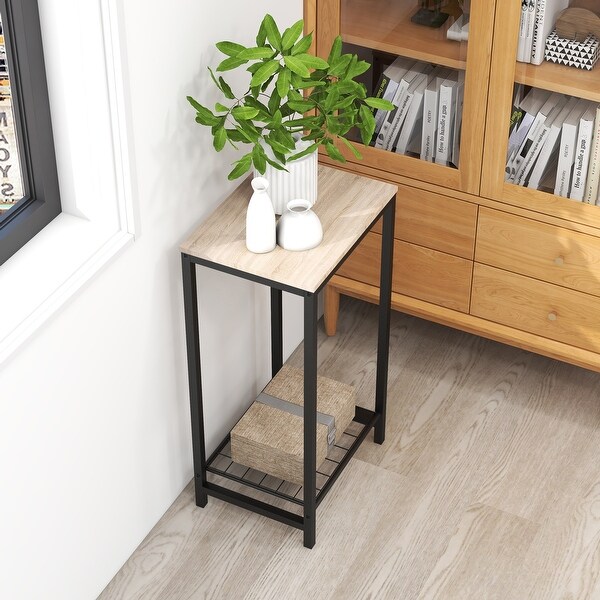 2-Tier End Table， Industrial Side Table Nightstand with Metal Frame - - 35974979