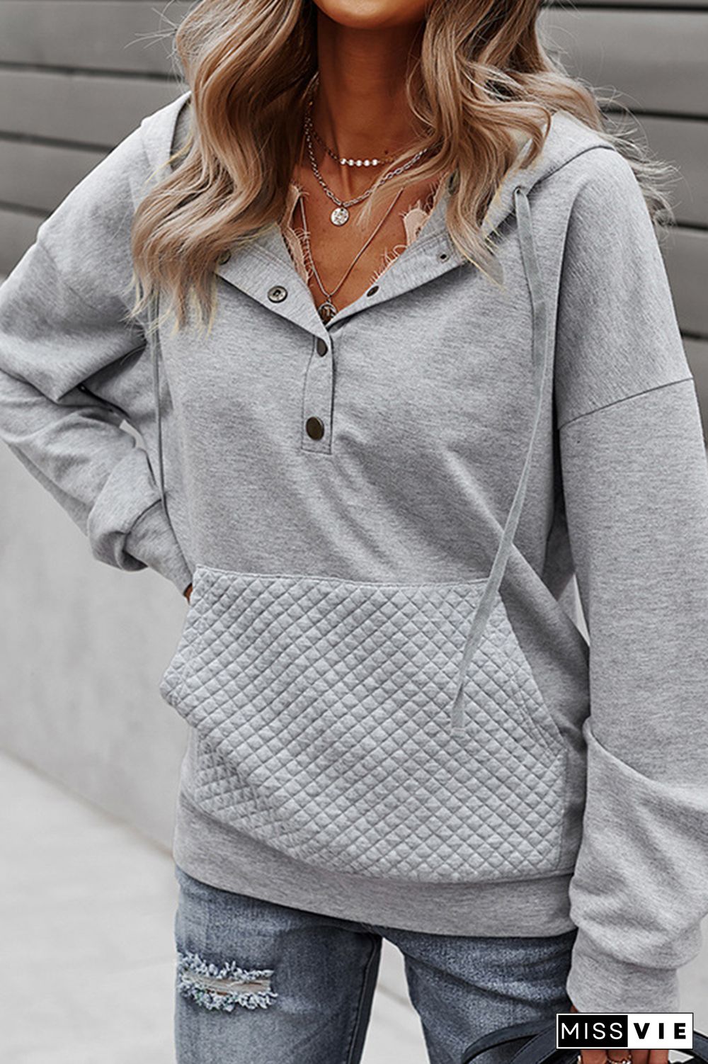 Buttoned Neck Hooded Cozy Sweatershirt Women Wholesale