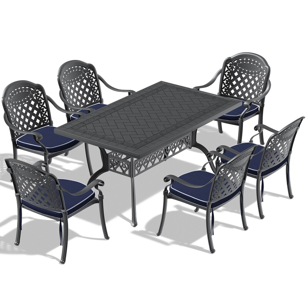 5/7 Piece Cast Aluminum Outdoor Dining Set with 59.06'' L X 35.43'' W Rectangular Table and Random Color Seat Cushions