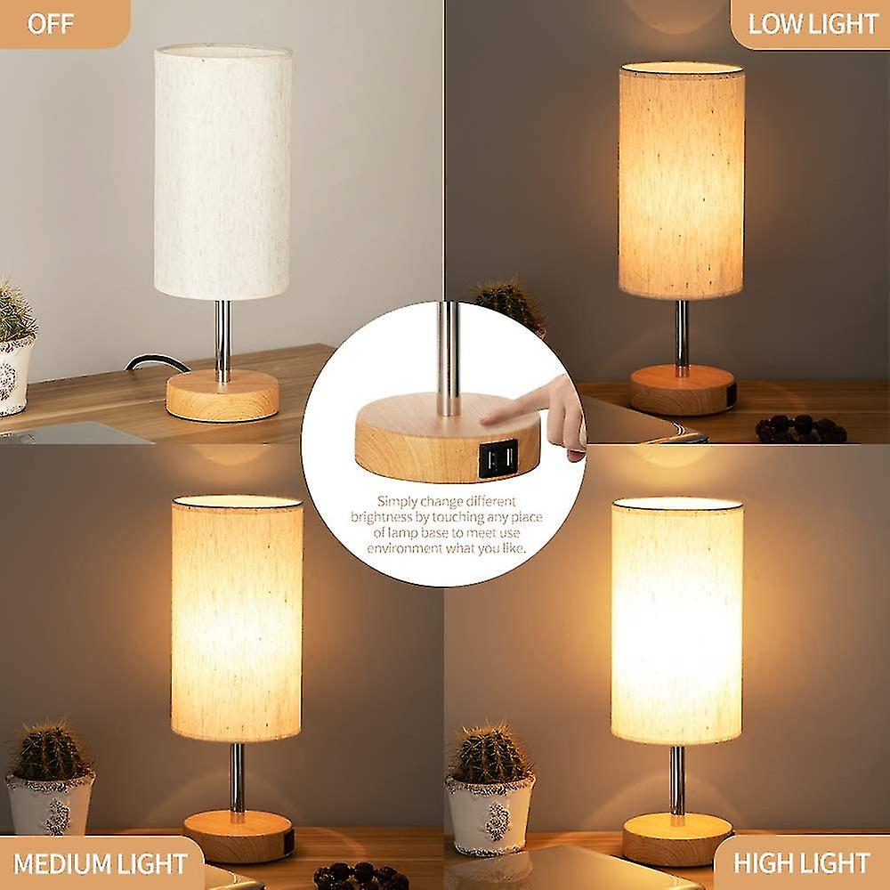 Bedside Lamp With Usb Port - Touch Control Table Lamp For Bedroom Wood 3 Way Dimmable Nightstand Lamp With Round Flaxen Fabric Shade For Living Room，