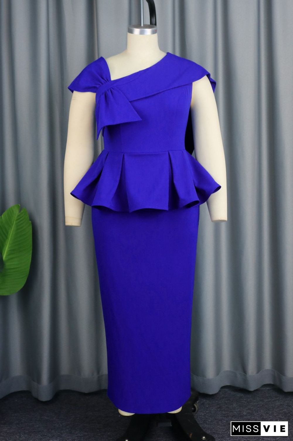 Blue Casual Solid Patchwork Oblique Collar One Step Skirt Dresses