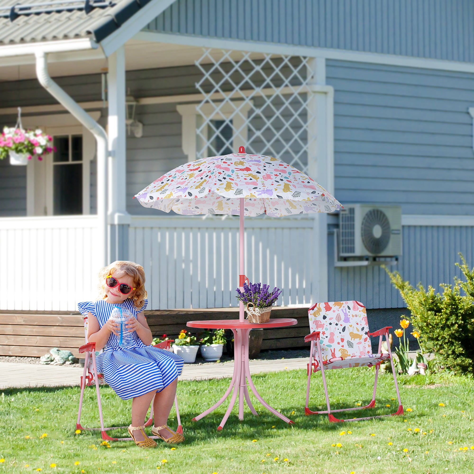 Outsunny Kids Folding Picnic Table and Chair Set with Removable and Height Adjustable Umbrella， Red