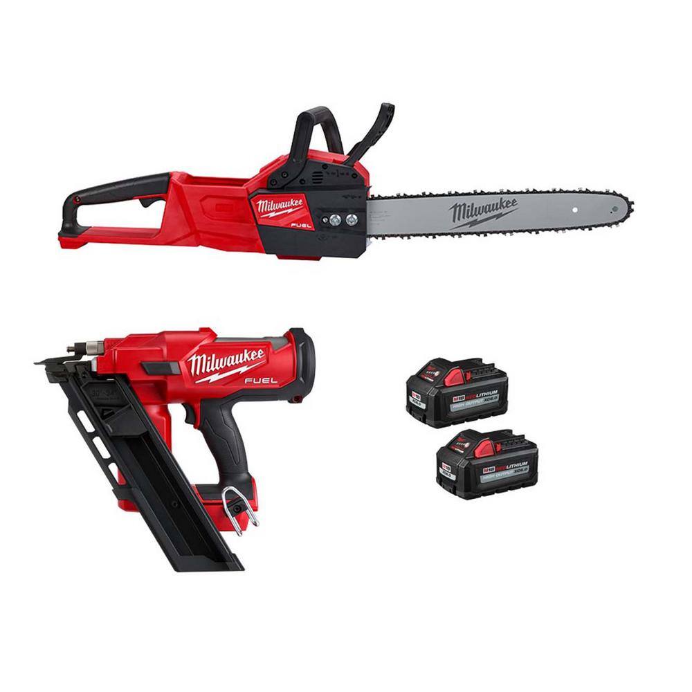 MW M18 FUEL 16 in. 18-Volt Brushless Battery Electric Chainsaw w3-12 in. 30-Degree Framing Nailer Two 6Ah Batteries 2727-20-2745-20-48-11-1862