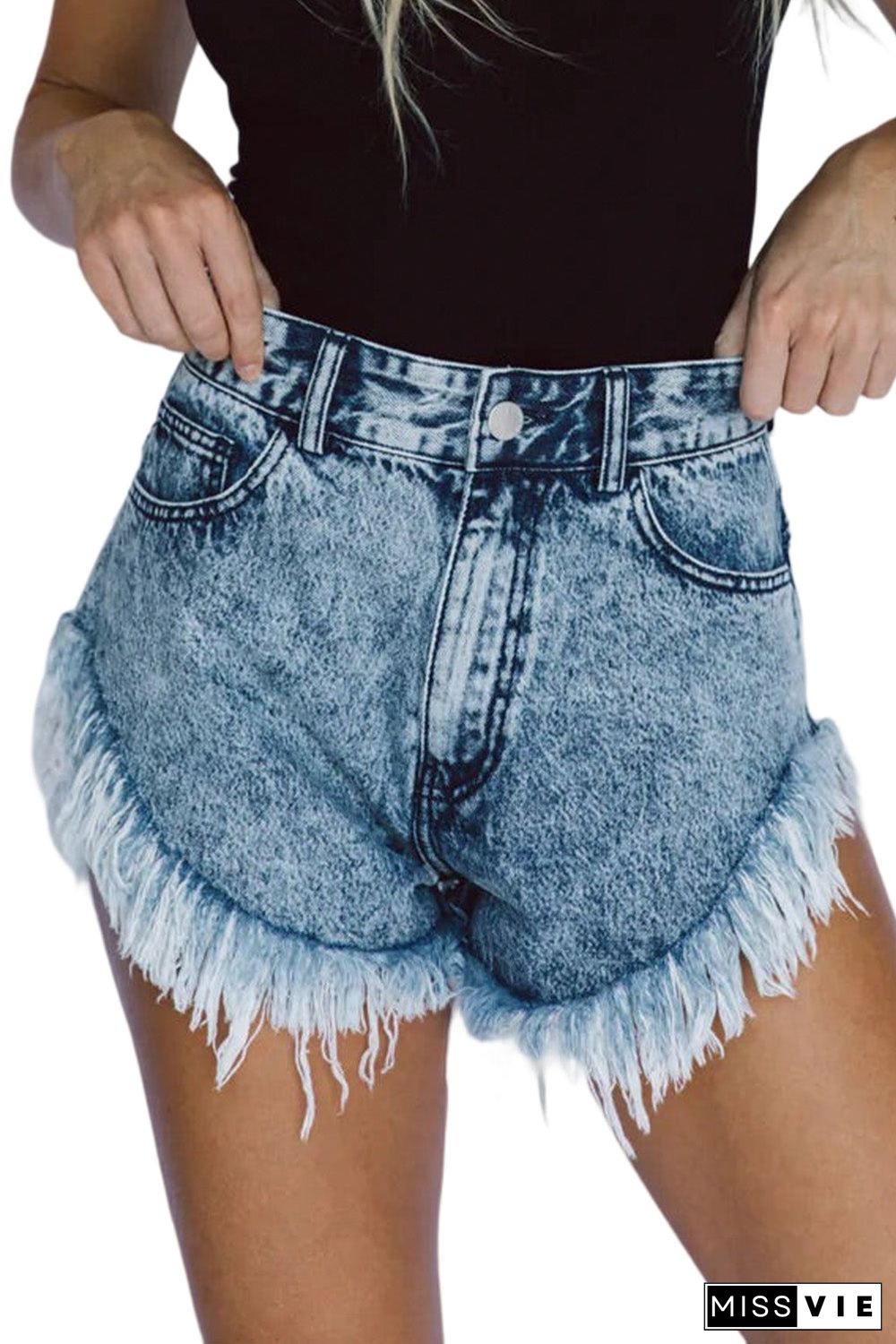 Dark Acid Wash Raw Hem Jean Shorts